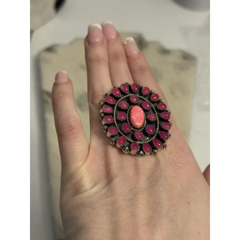 HUGE Sterling Silver Pink Onyx & Pink Fire Opal Flower Cluster Ring 925 Adjust
